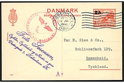 25/20 øre provisorisk helsagsbrevkort (fabr. 133) fra København d. 19.6.1941 til Remscheid, Tyskland. Tysk censur fra Hamburg.
