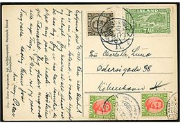 1 eyr (2), 6 aur Chr. X og 7 aur Landskab på brevkort (Thingvallir) fra Reykjavik d. 11.8.1937 til København, Danmark.