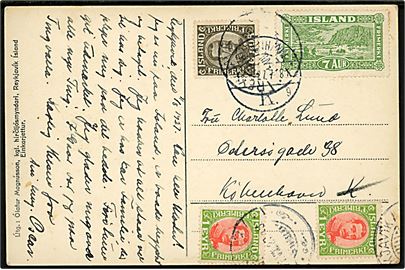 1 eyr (2), 6 aur Chr. X og 7 aur Landskab på brevkort (Thingvallir) fra Reykjavik d. 11.8.1937 til København, Danmark.