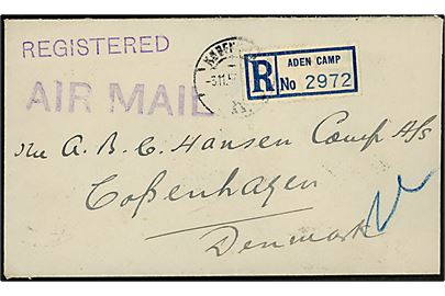 1 a. og 1 r. George VI på bagsiden af anbefalet luftpostbrev fra Aden Camp d. 26.10.1950 til København, Danmark. Ank.stemplet d. 3.11.1950.