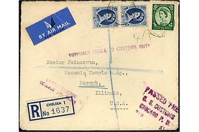 1/3 sh. og 1/6 sh. (par) Elizabeth på anbefalet luftpostbrev fra Chelsea d. 22.11.1957 til Macomb, USA. Flere amerikanske toldstempler.