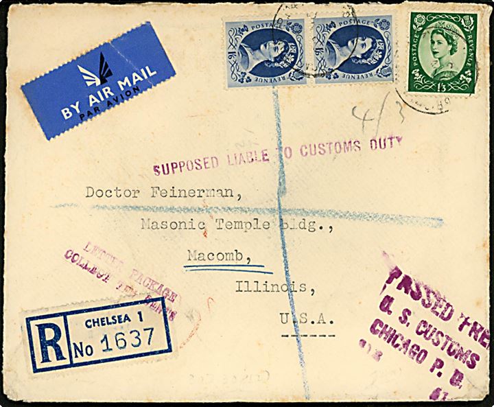 1/3 sh. og 1/6 sh. (par) Elizabeth på anbefalet luftpostbrev fra Chelsea d. 22.11.1957 til Macomb, USA. Flere amerikanske toldstempler.