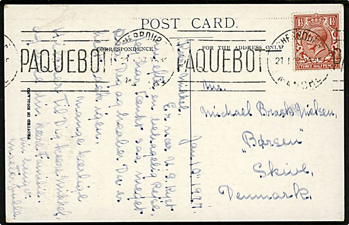1½d George V på brevkort (R.M.S. Aquitania) annulleret med fransk skibsstempel Cherbourg Paquebot d. 21.1.1927 til Skive, Danmark.