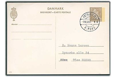 50 øre Fr. IX helsagsbrevkort (fabr. 210) annulleret med bureaustempel Fredericia - Ålborg T.8B d. 7.10.1969 til Hobro. Uden meddelelse på bagsiden.