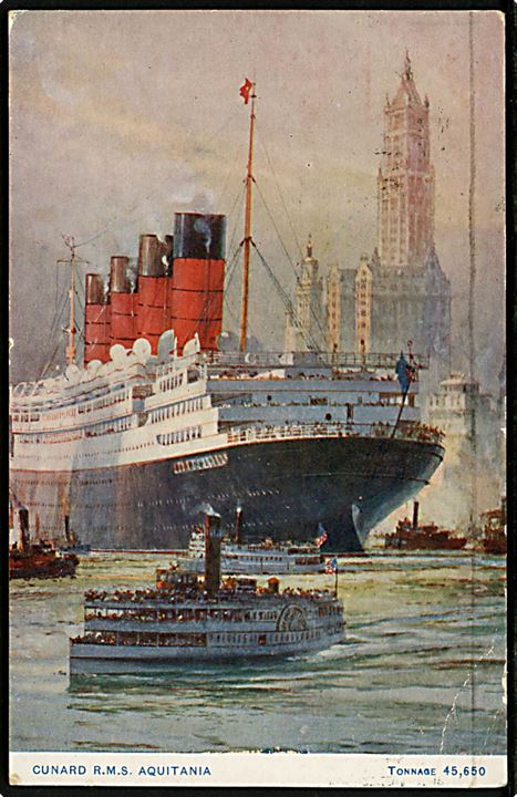1½d George V på brevkort (R.M.S. Aquitania) annulleret med fransk skibsstempel Cherbourg Paquebot d. 21.1.1927 til Skive, Danmark.