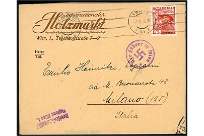 Østrigsk 45 gr. Egnsdragt single på Anschluss brev fra Wien d. 17.3.1938 til Milano, Italien. Violet propaganda stempel Der führer in Wien og østrigsk toldkontrol.