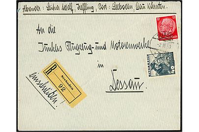 Tysk 12 pfg. Hindenburg og østrigsk 40 gr. Egnsdragt på blandingsfrankeret anbefalet Anschluss-brev fra Seeboden d. 2.7.1938 til Dessau, Tyskland.
