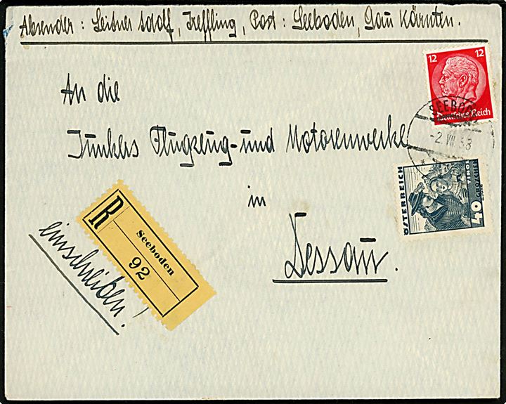 Tysk 12 pfg. Hindenburg og østrigsk 40 gr. Egnsdragt på blandingsfrankeret anbefalet Anschluss-brev fra Seeboden d. 2.7.1938 til Dessau, Tyskland.