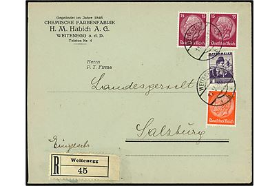 Tysk 8 pfg. og 15 pfg. (par) Hindenburg og østrigsk 1 gr. Egnsdragt på blandingsfrankeret anbefalet Anschluss-brev fra Weitenegg d. 11.5.1938 til Salzburg.