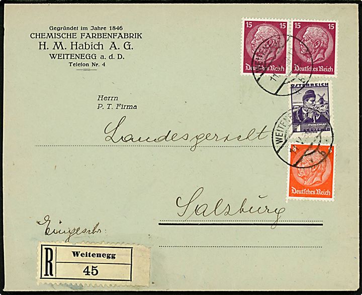 Tysk 8 pfg. og 15 pfg. (par) Hindenburg og østrigsk 1 gr. Egnsdragt på blandingsfrankeret anbefalet Anschluss-brev fra Weitenegg d. 11.5.1938 til Salzburg.