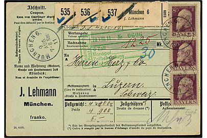 80 pfg. Luitpold type I i lodret 3-stribe på internationalt adressekort for 3 pakker fra München d. 9.8.1911 til Luzern, Schweiz.