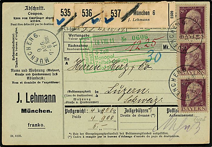 80 pfg. Luitpold type I i lodret 3-stribe på internationalt adressekort for 3 pakker fra München d. 9.8.1911 til Luzern, Schweiz.