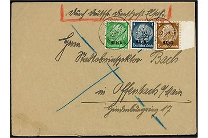 3 pfg., 5 pfg. og 5 pfg. Hindenburg Elsass provisorium på brev mærket Durch deutsche Dienstpost Elsass fra Holsheim d. 7.12.1940 til Offenbach, Tyskland.
