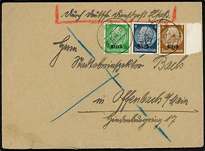 3 pfg., 5 pfg. og 5 pfg. Hindenburg Elsass provisorium på brev mærket Durch deutsche Dienstpost Elsass fra Holsheim d. 7.12.1940 til Offenbach, Tyskland.
