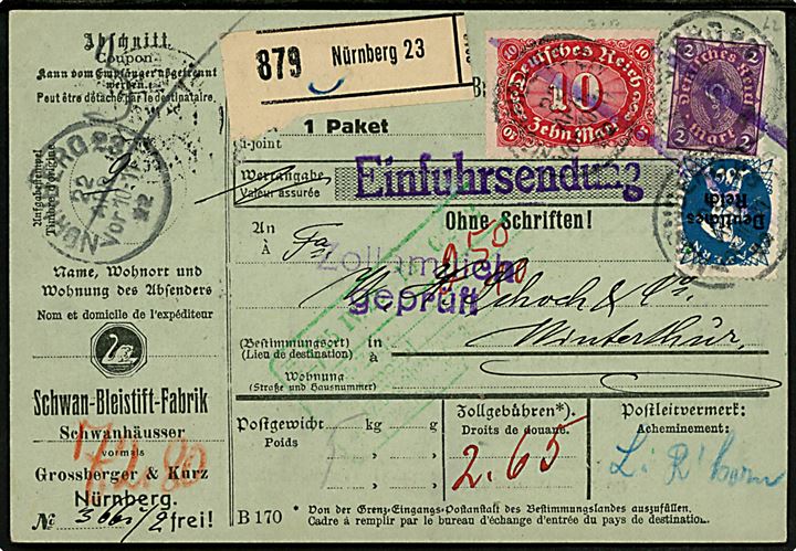 80 pfg, 20 mk. (3) Bayern Deutsches Reich Provisorium, 2 mk. og 10 mk. Infla udg. på for- og bagside af 72,80 mk. frankeret internationalt adressekort for pakke fra Nürnberg d. 22.4.1922 til Winterthur, Schweiz.