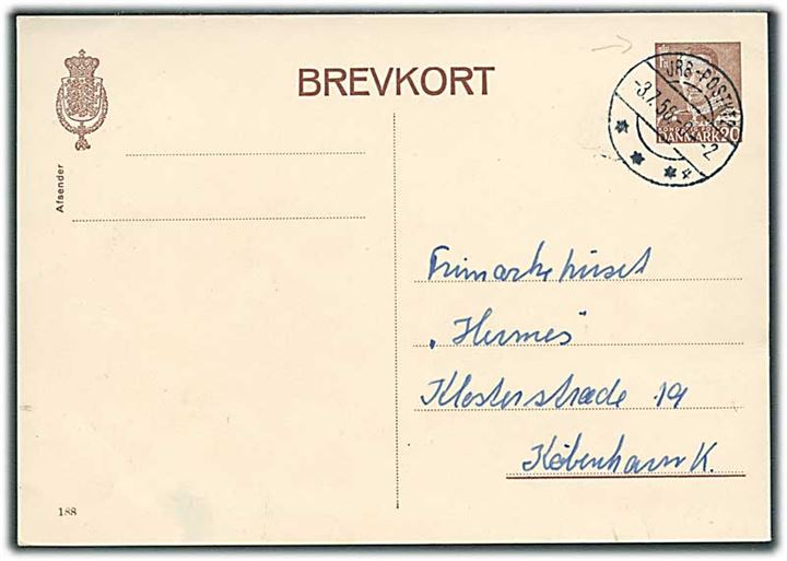 20 øre Fr. IX helsagsbrevkort (fabr. 188) fra Fredericia annulleret med reserve bureaustempel brotype IIc JRB.-POSTKT.2 sn4 d. 3.7.1956 til København.