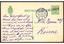 5 øre Chr. X helsagsbrevkort annulleret med skibsstempel FRA KJØBENHAVN og sidestemplet Rønne d. 3.4.1914 til Rønne på Bornholm.