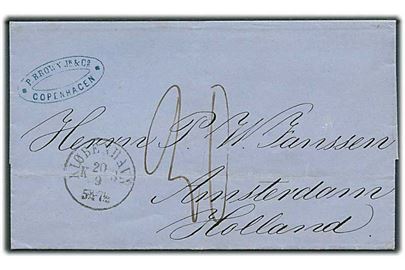 1867. Ufrankeret portobrev med antiqua Kiøbenhavn K.B. d. 20.9.1867 til Amsterdam, Holland. Ank.stemplet Amsterdam d. 22.9.1867. 
