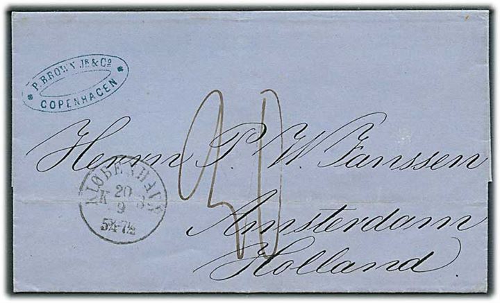 1867. Ufrankeret portobrev med antiqua Kiøbenhavn K.B. d. 20.9.1867 til Amsterdam, Holland. Ank.stemplet Amsterdam d. 22.9.1867. 
