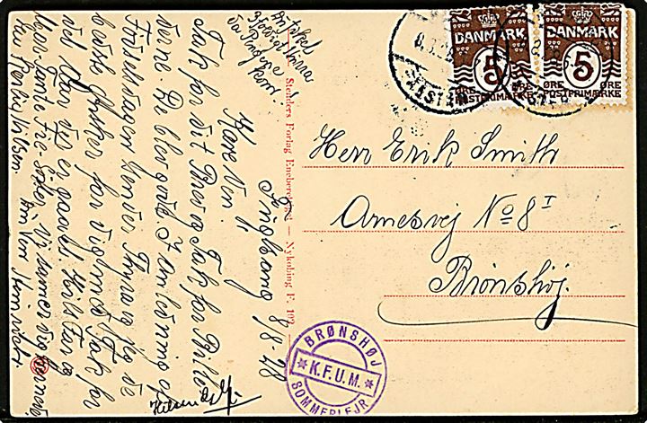 5 øre Bølgelinie (2) på brevkort (Chr. IX bro, Nykøbing F.) dateret Fuglsang og annulleret Nykøbing Falster d. 8.8.1928 til Brønshøj. Violet sidestempel: BRØNSHØJ K.F.U.M. SOMMERLEJR som var afholdt på Fuglsang herregaard ved Toreby på Lolland.