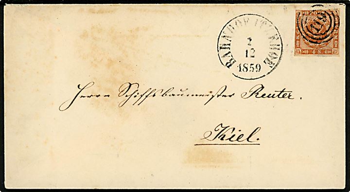 4 sk. 1858 udg. på brev annulleret med nr.stempel 119 og sidestemplet antiqua Bahnhof Itzehoe d. 2.12.1859 til Kiel.