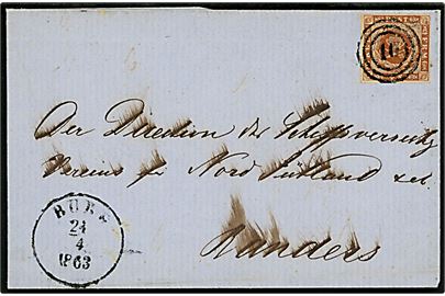 4 sk. 1858 udg. på brev annulleret med nr.stempel 10 og sidestemplet antiqua Burg d. 24.4.1863 via Kiel d. 25.4.1863 til Randers. Ank.stemplet i Randers d. 27.4.1863.
