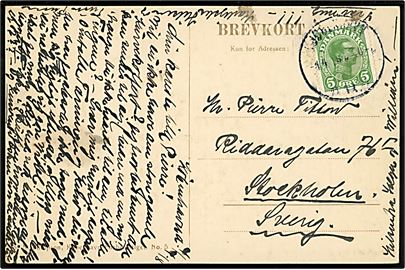 5 øre Chr. X med tydelig automatafskæring i top og bud på brevkort (København, Centralpostgården) annulleret Kjøbenhavn B. d. 4.4.1918 til Stockholm, Sverige.