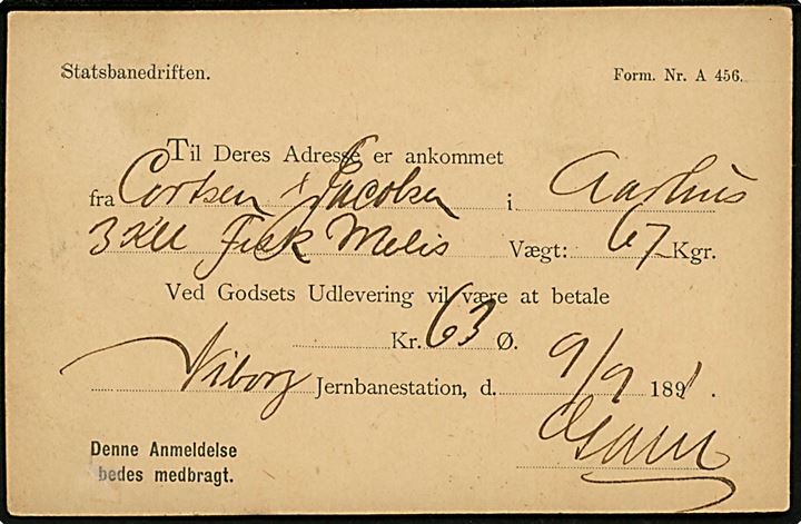 3 øre Tofarvet single på brevkort - Adviskort fra Statsbanedriften - sendt som lokal tryksag annulleret lapidar Viborg d. 101.9.1891 til Nybro Kro.