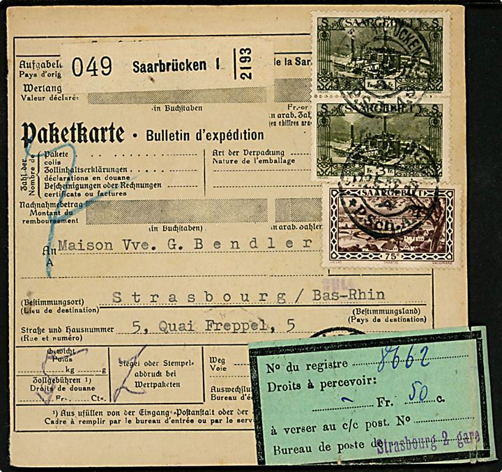 Saargebiet 75 c. og 3 fr. (par) på adressekort for pakke fra Saarbrücken d. 12.5.1932 til Strasbourg, Frankrig. 