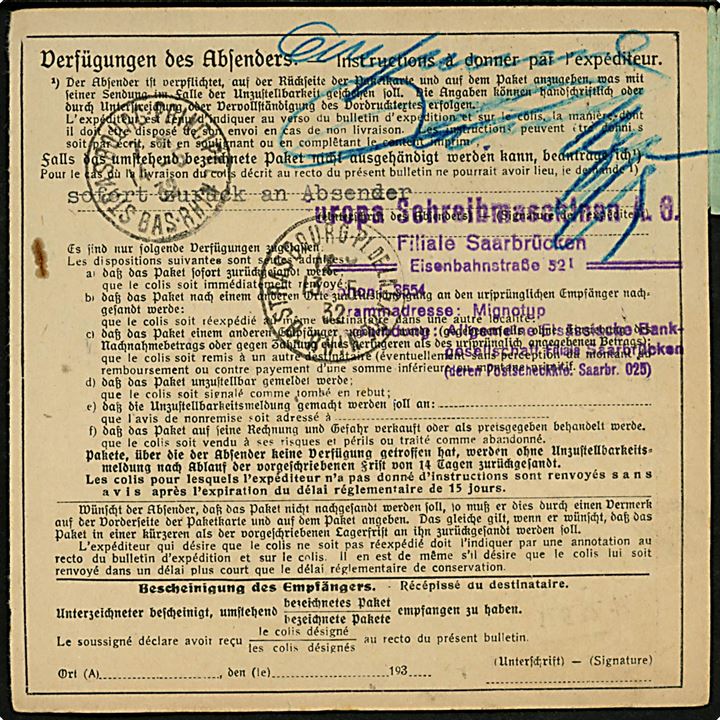 Saargebiet 75 c. og 3 fr. (par) på adressekort for pakke fra Saarbrücken d. 12.5.1932 til Strasbourg, Frankrig. 