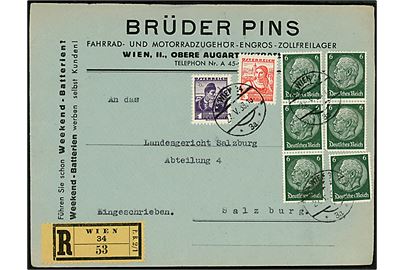 Østrigsk 1 gr. og 3 gr. Egnsdragter og tysk 6 pfg. Hindenburg (6) på blandingsfrankeret anbefalet Anschluss-brev fra Wien d. 27.5.1938 til Salzburg.