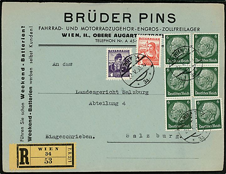 Østrigsk 1 gr. og 3 gr. Egnsdragter og tysk 6 pfg. Hindenburg (6) på blandingsfrankeret anbefalet Anschluss-brev fra Wien d. 27.5.1938 til Salzburg.