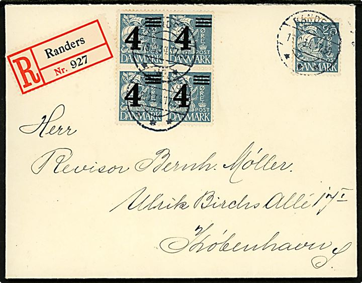 25 øre Karavel og 4/25 øre Provisorium i fireblok på anbefalet brev fra Randers d. 16.10.1934 til København.