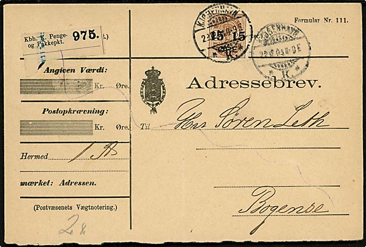 15/24 øre Provisorium single på adressebrev for pakke fra Kjøbenhavn d. 29.12.1904 til Bogense.