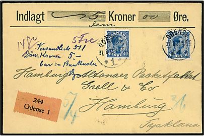 40 øre Chr. X (2) på værdibrev fra Odense d. 31.8.1923 til Hamburg, Tyskland.