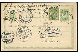 5 øre Våben helsagsbrevkort opfrankeret med 5 øre Våben annulleret med lapidar VI Lou d. 11.3.1897 med sidestempel lapidar Kjøbenhavn - Nykjøbing p. F. d. 11.3.1897 til Herrnhut, Tyskland - eftersendt til Weimar.