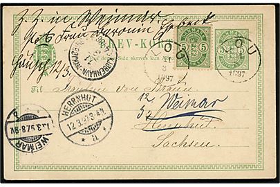 5 øre Våben helsagsbrevkort opfrankeret med 5 øre Våben annulleret med lapidar VI Lou d. 11.3.1897 med sidestempel lapidar Kjøbenhavn - Nykjøbing p. F. d. 11.3.1897 til Herrnhut, Tyskland - eftersendt til Weimar.