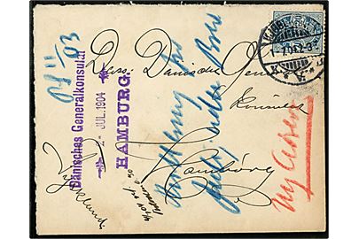 20 øre Våben single på brev fra Kjøbenhavn d. 1.7.1904 til danske generalkonsulat i Hamburg, Tyskland.