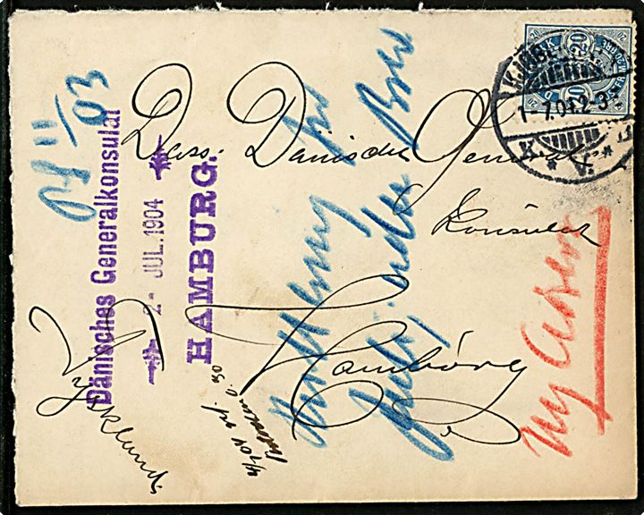 20 øre Våben single på brev fra Kjøbenhavn d. 1.7.1904 til danske generalkonsulat i Hamburg, Tyskland.