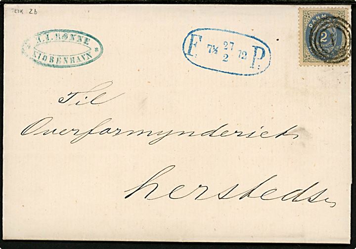 2 sk. Tofarvet tryk 2b single på fodpostbrev i Kjøbenhavn annulleret med nr.stempel 1 og sidestemplet F:P: d. 27.2.1872.