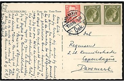 Luxembourg 1 fr. (2) og dansk 20 øre Fr. IX på blandingsfrankeret brevkort stemplet København d. 17.10.1948 til København.