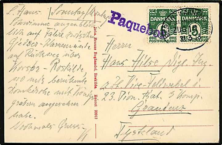5 øre Bølgelinie i parstykke på brevkort skrevet ombord på færgen mellem Gjedser og Warnemünde annulleret med ovalt bureaustempel Berlin - Warnemünde Bahnpost Zug 16 d. 31.3.1913 og sidestemplet Paquebot til militæradresse i Graudens, Tyskland.