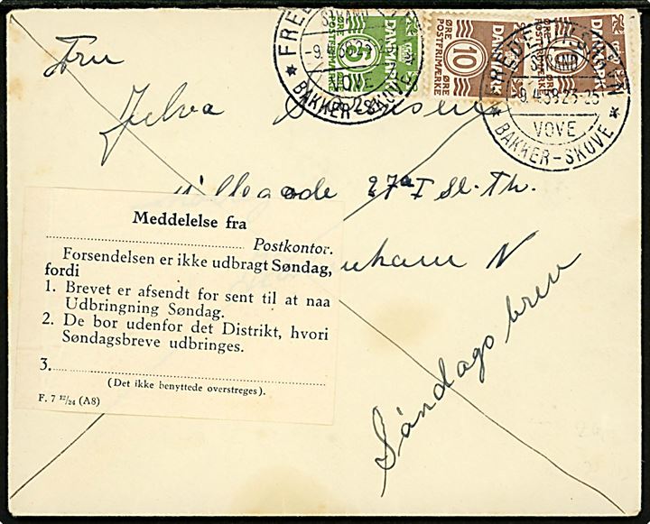 5 øre og 10 øre (par) Bølgelinie på søndagsbrev fra Frederikshavn d. 9.4.1938 til København. Påsat meddelelse fra postkontoret - F.7 12/34 (A8) - vedr. årsag til at brevet ikke er udbragt søndag.