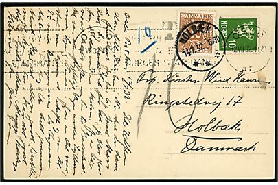 Norsk 10 øre Løve på underfrankeret brevkort fra Oslo d. 12.7.1932 til Holbæk, Danmark. Udtakseret i porto med 10 øre Portomærke stemplet Holbæk d. 14.7.1932.