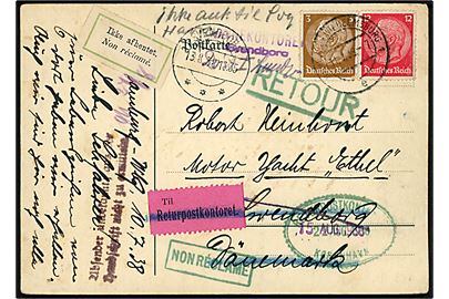 3 pfg. og 12 pfg. Hindenburg på brevkort fra Hamburg d. 11.7.1938 til motor yacht Ethel i Svendborg, Danmark. Retur med 2-sproget returetiket Ikke afhentet / Non réclamé.