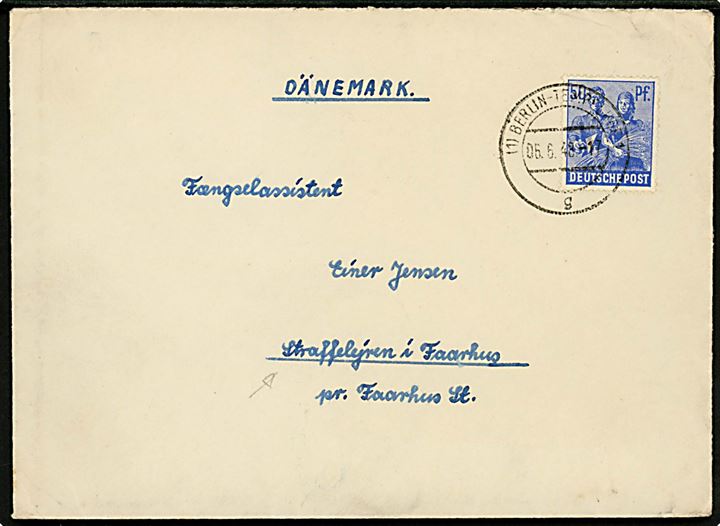 50 pfg. på brev fra berlin d. 6.6.1948 til fængselsassistent i Straffelejren i Faarhus pr. Faarhus St., Danmark.
