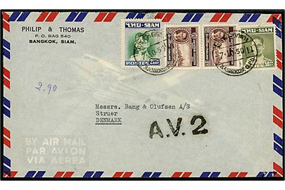 Blandingsfrankeret luftpostbrev fra Bangkok d. 7.10.1950 til Struer, Danmark. Sort luftpost stempel: A.V.2.