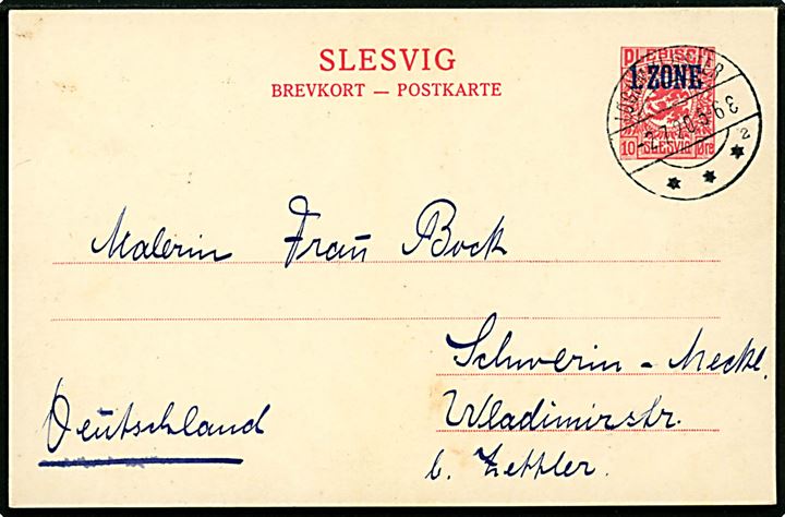 10 øre 1. Zone helsagsbrevkort annulleret med brotype IIb Løgumkloster sn2 d. 2.7.19230 til Schwerin, Mecklenburg, Tyskland.
