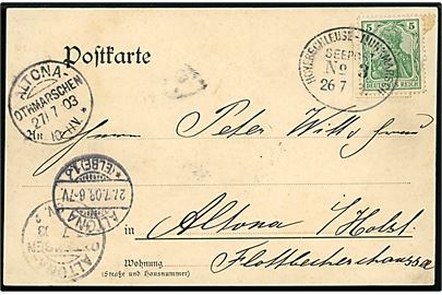 5 pfg. Germania på brevkort fra Westerland på Sylt annulleret med ovalt skibsstempel Hoyerschleuse - Munkmarsch Seepost No. 3 d. 26.7.1903 til Altona.