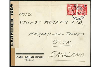 20/15 øre provisorium i parstykke på brev stemplet Thorshavn d. 29.1.1940 til Henley-on-Thames, England. Åbnet af britisk censur PC90/1684.